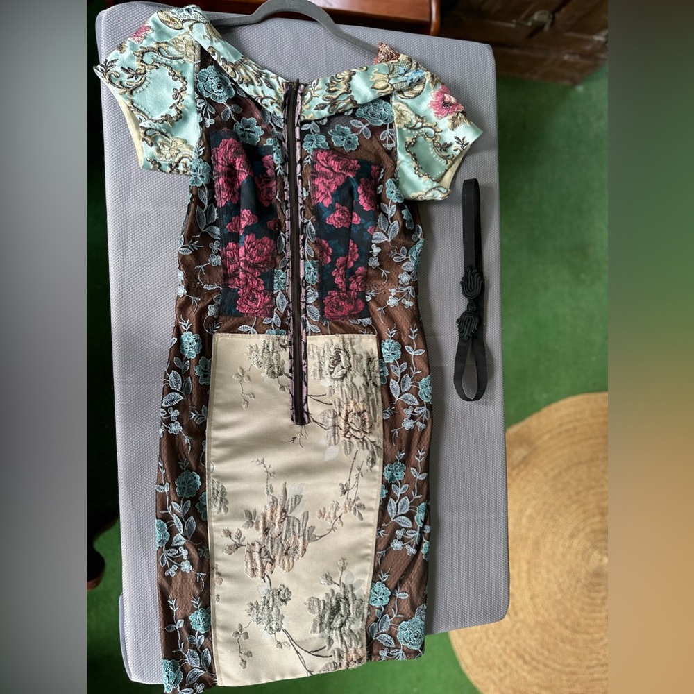 Beguile by Byron Lars Pieced Brocade Dress in patchwork floral. Size 8